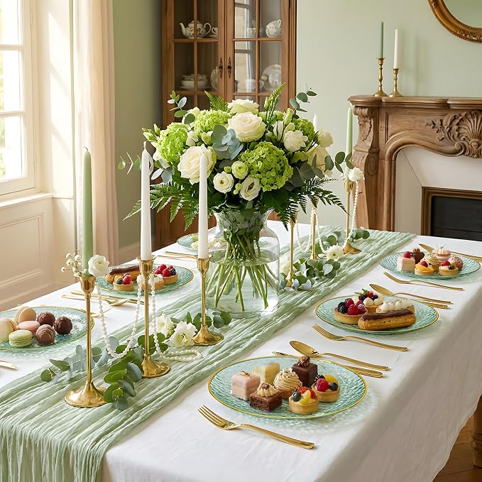 DaYammi 240Pcs Green Plastic Plates Including 120Pcs Dessert Plates and 120Pcs Gold Forks,Hammered Party Plate,Green Gold Appetizer plates Heavy duty Disposable Plastic Plate for Party Birthday Dinner