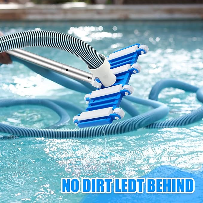 3 Pcs Pool Vacuum Kit Manual Vacuum Head with 1-1/2" x 18ft Long Hoses and Skimmer Net Flexible Head Wheels, Maintenance Accessory Tool for Above Ground Inground Pool Cleaning