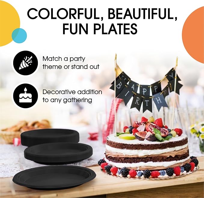 Exquisite Party Solids Black Plastic Plates For Party 9" Black Disposable Plates 50 Pcs Plastic Dinnerware Sets Heavy Duty 350 GSM Disposable Dinnerware Set