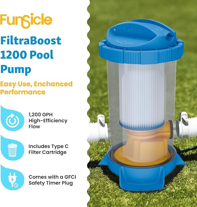 Funsicle FiltraBoost 1200 Pool Pump, 1200 GPH, Includes Type C Filter Cartridge, Hose Adapters, Hoses & GFCI Plug