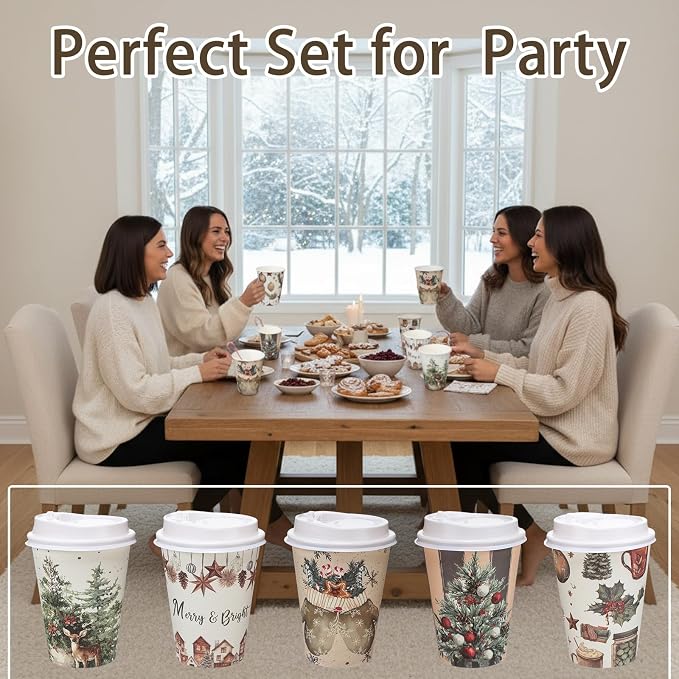 Gerrii 100 Set Christmas Paper Cups Disposable 12 oz with Lids Hot Chocolate Coffee Cups for Hot and Cold Drinks Tea Water Bar Supplies Holiday Winter Season(Cozy Winter)