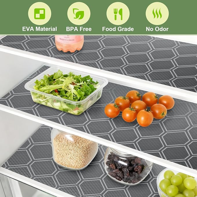 Non Adhesive Fridge Shelf Liner, Waterproof Drawer Liners for Kitchen Cabinet Refrigerator, No Slip Bathroom Cupboard Liner EVA Place Mat Roll -17.5" x 78.7" Grey
