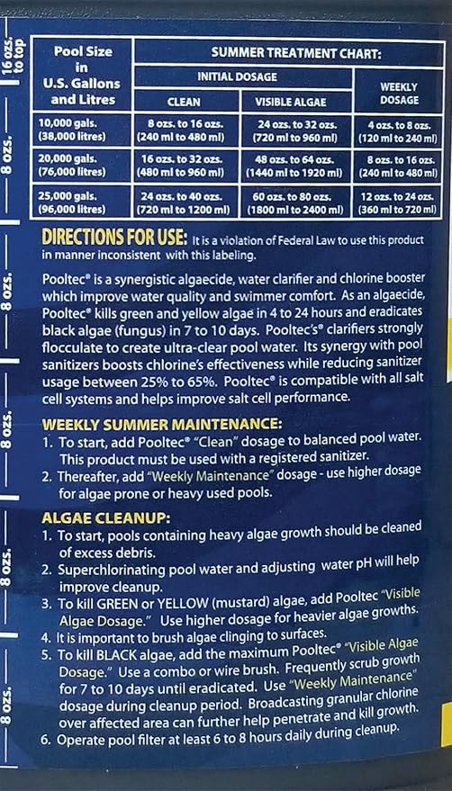 EASYCARE 30128 Pooltec Algaecide, Clarifier and Chlorine Salt Cell Booster, 128 Fl. Oz Bottle