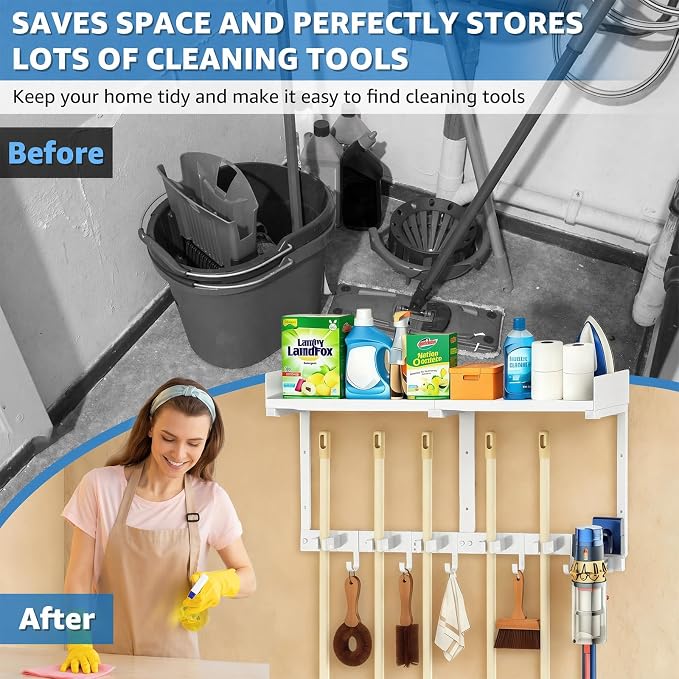HUFAND Broom Holder Wall Mount, 27" Large Mop and Broom Organizer Wall Hanging with Top Storage Shelf & Vacuum Hook, Heavy Duty Iron Utility Rack for Laundry Room, Garage, Kitchen, Garden - White
