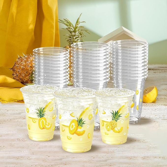 100 Pack Pineapple Plastic Cups 12 oz Pink Yellow Fruit Disposable Cup Clear Pineapple Summer Spring Party Favor Drinking Cold Beverage Cup for Tropical Party Supplies
