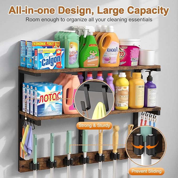 Housolution 2 Tier Broom Holder Wall Mount with Cleaning Supplies Organizer, 100 LBS High Load-Bearing Laundry Room Storage Shelves, Multifunctional Mop Hanger Rack with 7 Grippers & 8 Hooks