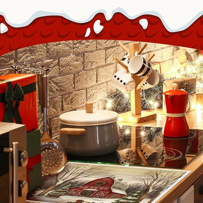 Meanplan Set of 6 Christmas Dish Drying Mats for Kitchen Counter Absorbent Vintage Kitchen Accessories Farmhouse Cottage Table Mats Washable Drainer Draining Pad for Xmas Decoration Winter 24"x 16"