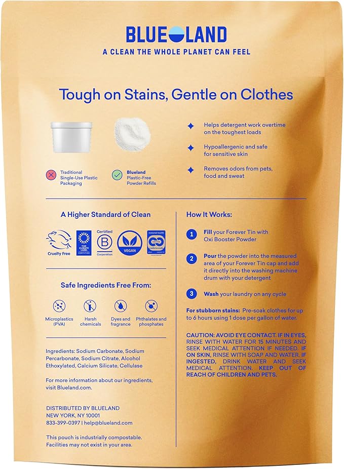 BLUELAND Oxi Laundry Booster Powder with Tin, Starter Set, Spring Bloom Scent, 25 Loads, 17.6 oz, Plastic-Free, Eco Friendly, Oxy Cleaner, Stain Remover