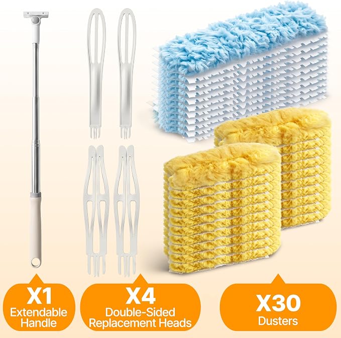 30 Count Heavy Duty Duster Refills, 6FT Extendable Handle with Dual Heads, 4 Fan Blades, 360 Microfiber Duster for Ceiling Fan, High Ceilings, Lamps, Hard-to-Reach Areas