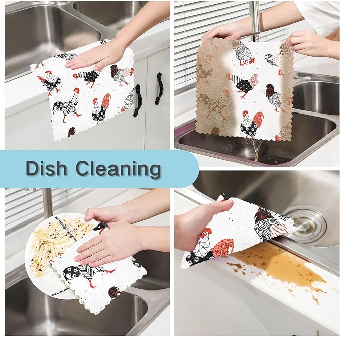 CaTaKu Chicken Funny Kitchen Dish Cloths,Microfiber Cleaning Cloths Reusable Dish Rags for Washing Dishes, Dish Towels Washcloths for Kitchen Drying,6 Pack