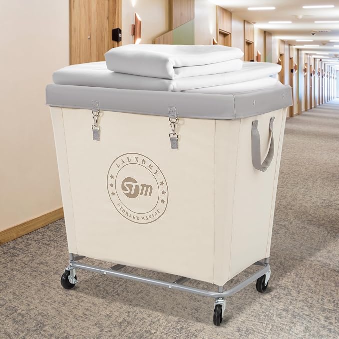 STORAGE MANIAC Commercial Laundry Hamper with Heavy Duty Steel Frame, 320 L Industrial Laundry Basket Cart with Wheels for Hotel, Home, Laundry Room, 31.7''L x 19.3''W x 30.91''H, Large Beige