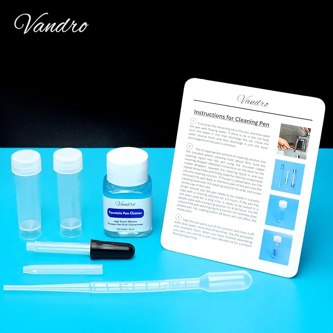 Vandro Fountain Pen Cleaning Flush Kit - High Power Fountain Pen Flush Solution with Accessories