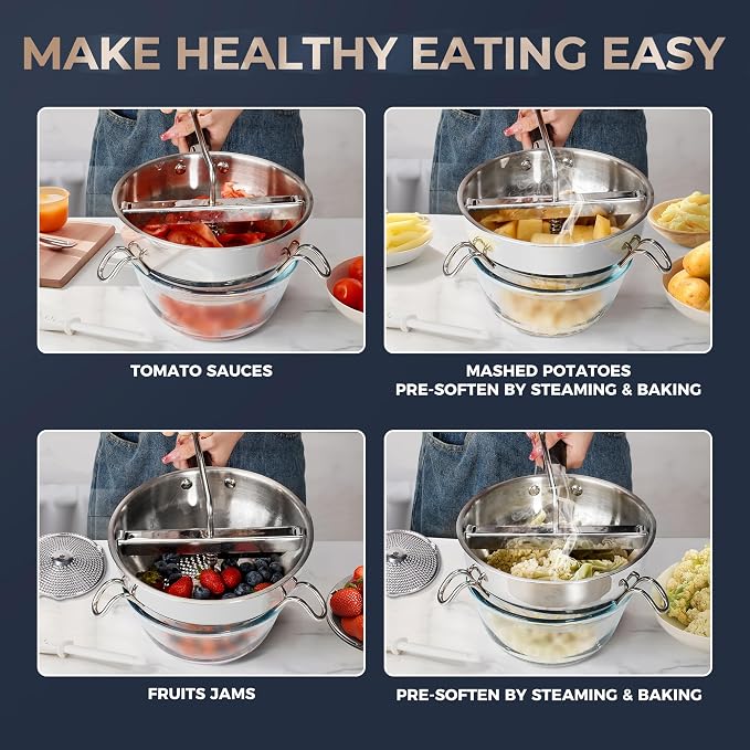 Food Mill Stainless Steel With 3 Grinding Discs and Complete Canning Supplies Starter Kit of 8-Includes Tongs, Jar Lifter, Wrench, Lid Lifter, measurer,Funnel,Labels,Multifunctional Spoon(GJ-OG-GR)