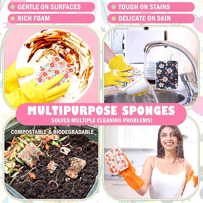 Hahafelt 36 Counts Compressed Cellulose Sponges Bulk Craft Pop up Floral Pattern Natural Kitchen Compostable Non Scratch Dish Sponges for Washing Dishes, Cleaning Countertop Sink