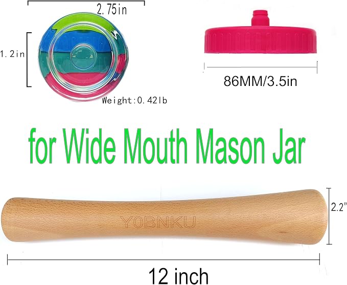 Complete Mason Jar Fermentation Kit with Pounder, 4 Glass Weight and 4 Fermenter lids Sauerkraut Caps Fermenting Food Tool for Wide Mouth Mason Jars-Jars Not Included (Have pounder)