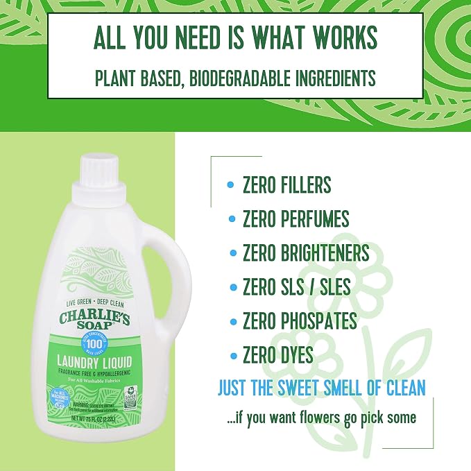 Charlie’s Soap Laundry Liquid (100 Loads, 1 Pack) 75.0 Fl Oz Natural Deep Cleaning Hypoallergenic Laundry Detergent – Eco-Friendly, Safe and Effective