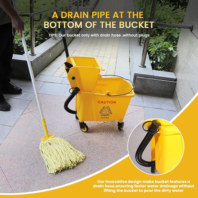 35-Quart Commercial Mop Bucket with Side Press Wringer on Wheels | Floor Cleaning , Including Commercial Mop and Mop Head Replacement,Yellow