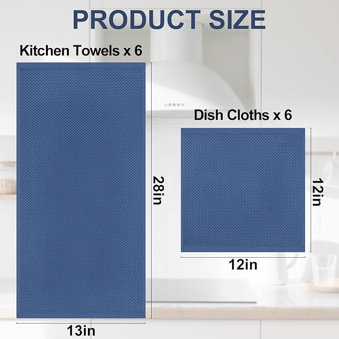 Homaxy 100% Cotton Kitchen Towels and Dishcloths Set, 12 x 12 Inches and 13 x 28 Inches, Set of 12 Bulk Kitchen Towels Set, Ultra Soft Absorbent Dish Cloths for Washing Dishes, Grey/Beige/Blue/Black