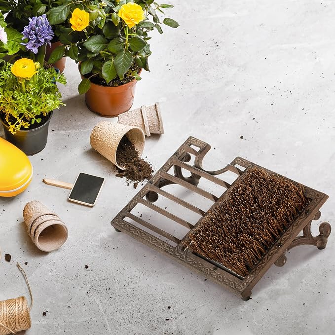 MyGift Boot Brush Scraper Outdoor, Heavy Duty Cast Iron Shoe Scraper Mat, Boot Dirt Cleaner Brush, Vintage Rustic Black Angled, Dark Brown