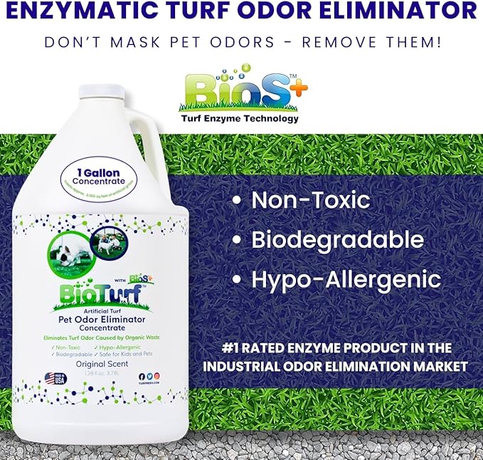 BioTurf BioS+ Kit Turf Cleaner for Pet Urine Outdoor – Artificial Turf Cleaner Concentrate Yard Deodorizer for Dog Urine & Feces – Enzyme Kennel Odor Eliminator 1 Gallon, 32oz with Hose Attachment