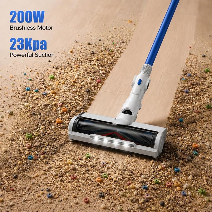Cordless Stick Vacuum Cleaner, Powerful Suction Anti-Tangle Brush Vacuum with LED Headlight, Lightweight Vacuum Cleaner for Hardwood Floor Carpet Pet Hair (Blue)