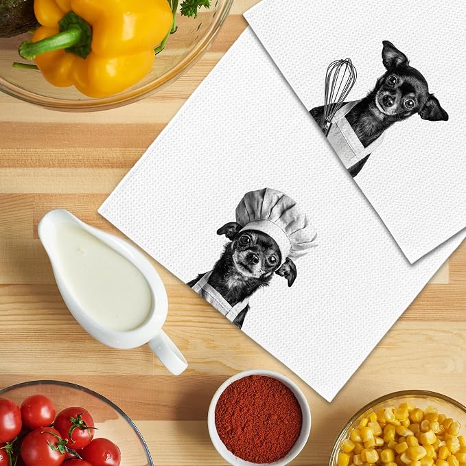Funny Chef Chihuahua Kitchen Towels Set of 2, Chihuahua Gifts for Women Dish Tea Towels for Kitchen, Dog Mom Dad Lovers Owner Gifts Decorative Hand Towel, 16x24 Inch
