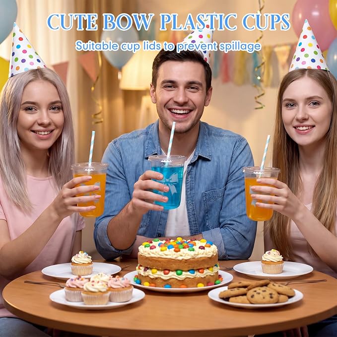 LemonRoad 50sets 16oz Blue Bow Cups Birthday Party Decorations Supplies Cute Plasic Cups Disposable with Lids and Straws for Valentines Galentines Day Christmas Wedding Baby Shower Decorations