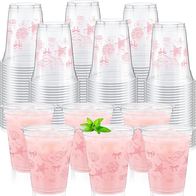 Tanlade 60 Pcs Ocean Party Plastic Cups 12 oz Pink Bow Seashell Starfish Coastal Nautical Sea Theme Disposable Cups for Baby Shower Summer Theme Birthday Wedding Party Supplies Decorations