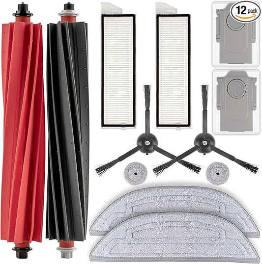 (12 Pack) S8 MaxV Ultra Replacement Parts Accessories for Roborock S8 MaxV Ultra/ S8 Max Ultra Robot Vacuum Parts, 2 Roller Brushes, 2 set Mop Pads, 2 Dust Bags, 2 HEPA Filters, 2 Side Brushes