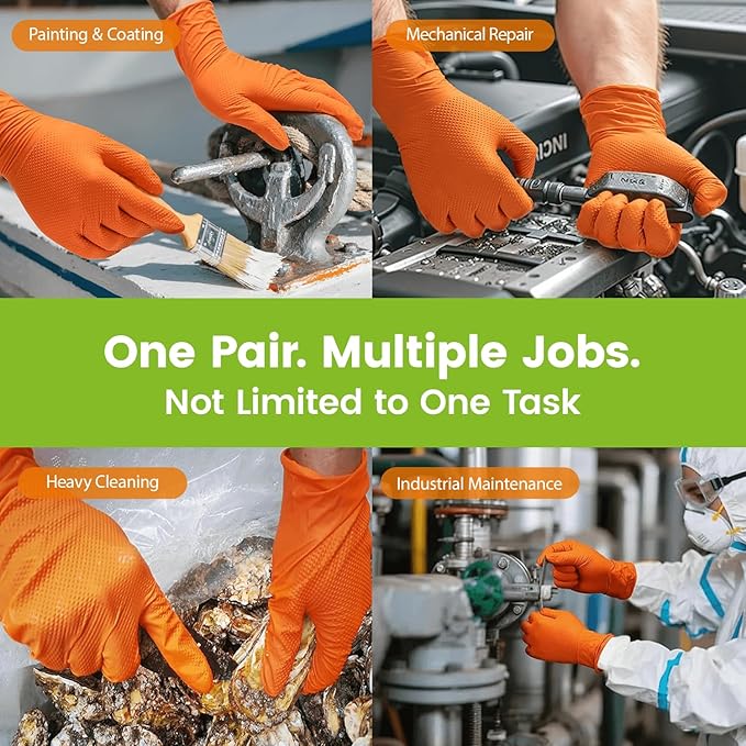 TREEGO 10 Mil Nitrile Gloves Disposable Orange Gloves - Heavy Duty Rubber Mechanic Gloves with Double Diamond Grip, Latex Free Industrial Work Gloves for Tools & Garage, 50 Count Medium