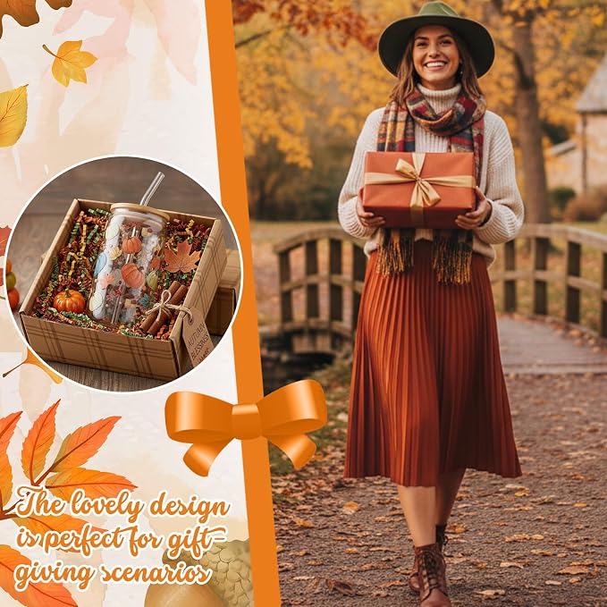 Sliner 2 Pcs Thanksgiving Glass Cups Pumpkin Maple Leaves Drinking Tumbler Fall Gifts 16 oz Iced Coffee Cup with Lid Straw Cleaning Brush for Autumn Home Office Holiday Decorations