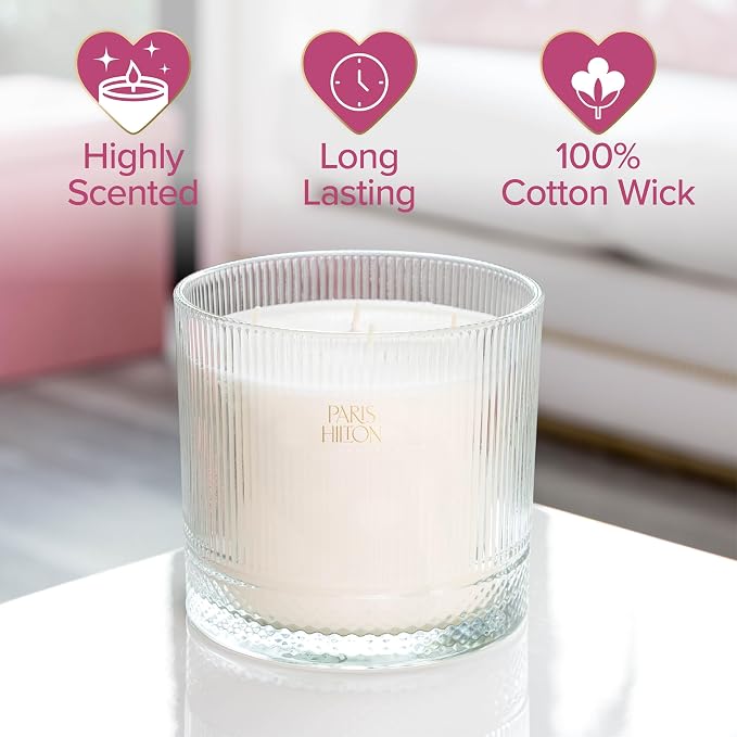 Paris Hilton Cupcake Sprinkles Scented Candle, Clear Ribbed Glass Vessel with Faceted Diamond Detail, Premium Plant Wax Blend, 4-Wicks, 40-Ounce