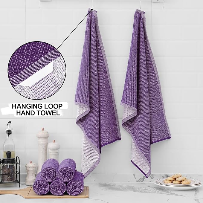 Homaxy Premium Kitchen Towels(18”x 28”, 3 Pack), Large Cotton Kitchen Hand Towels, Flat and Terry Dish Towels, 380 GSM Highly Absorbent Tea Towel Set with Hanging Loop, Purple
