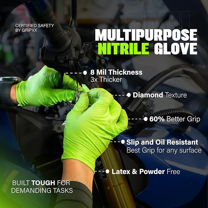 GRIPXX Herkules Grip Heavy Duty 8Mil Green Nitrile Gloves,3D Raised Diamond Texture-Latex & Powder Free-Industrial, Mechanic | Pack of (100 CT)