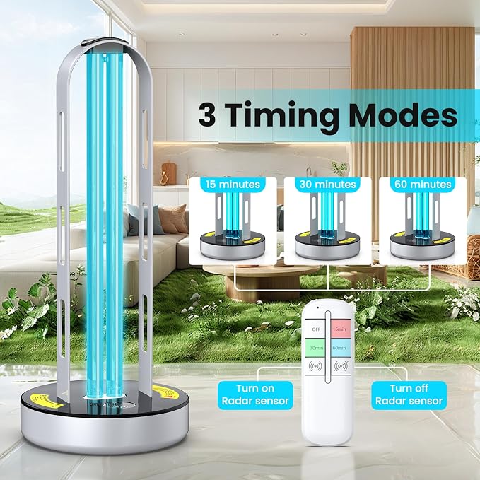 UV Light Sanitizer, 100W Ultraviolet Lamp with Remote Control for Bed Bugs and Dust Mites, Home Disinfection Device UV Lamp with Motion Sensor,3 Speed Timings for Home, Room & Kitchen