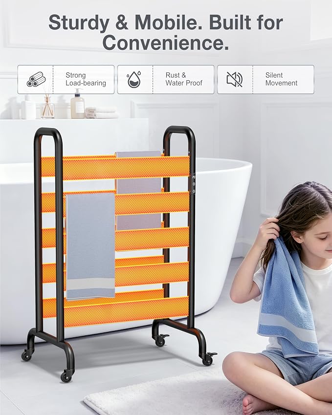 Freestanding Heated Towel Rack 10-Bar, Double Layer Electric Towel Warmer with Wheels, 400W Fast Heating, Adjustable Temperature 110–170°F, Timer & Auto Shut-Off, Space Aluminum, Black