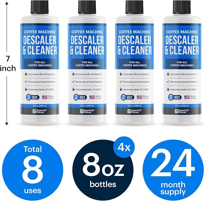 Essential Values Universal Descaling Solution, Made in the USA for Delonghi, Keurig, Breville,Nespresso (8 Uses) Coffee Machine Descaler Cleaner for all Automatic Coffee Makers & Espresso Machines