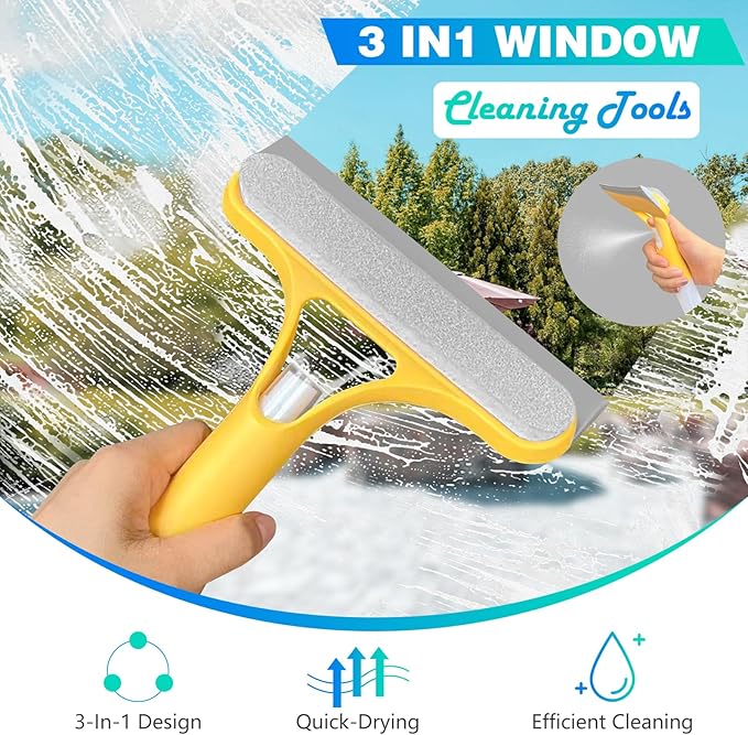 3-in-1 Spray Window Water Absorber Cleaner Scraper, Scraper with Spray Device, for Shower Glass, Mirrors, Cars, Household Window Cleaning Tools (Yellow, Blue, White)