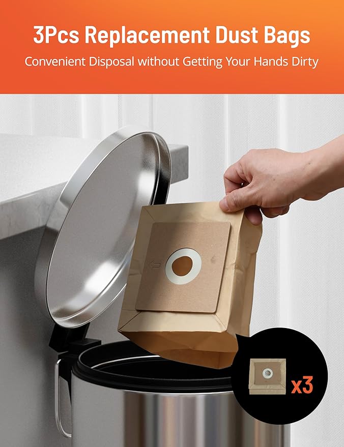 Bagged Canister Vacuum Cleaner, Canister Vacuum Cleaners for Home, Automatic Cord Rewind, Portable Corded Vacuum Cleaner with 3 Replacement Bags for Hard Floors, Pet Hair, Carpet and Upholstery