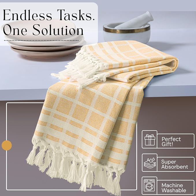 Matrix Dobby Kitchen Towels Set of 12, 100% Cotton, Combo Pack, 16"x26", Absorbent Tea Towels with Handmade Tassels, Reusable Cleaning Cloths - Rose Pink, Burgundy, Mustard Yellow