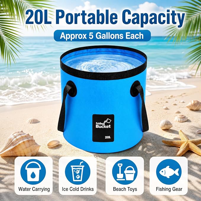 5 Gallon 4 Pack Collapsible Bucket, Foldable Water Bucket with Handles, Portable Camping Buckets for Fishing, Hiking, Cleaning, Outdoor & Travel Use (Blue)