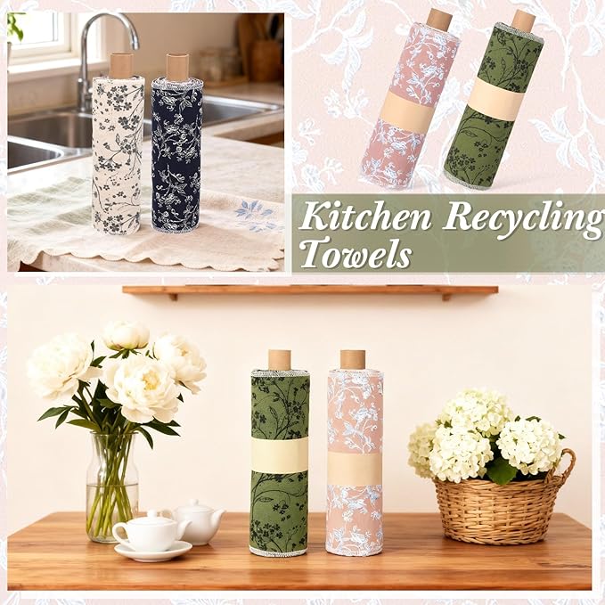Redbaker 50 Pcs Reusable Paper Towels Paperless Reusable Cotton Cloths Toilet Absorbent Washable Paper Towels with Roll Kitchen Dishcloth for Kitchen Paperless Dishcloths(Branches)