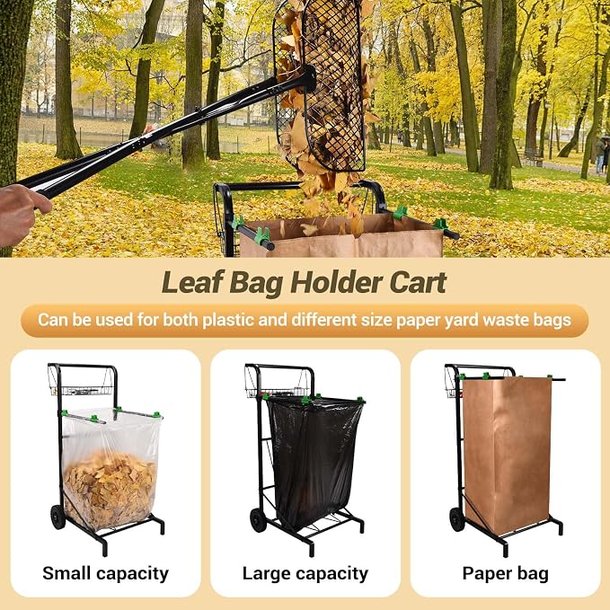 CAROD Extra Leaf Grabber Rake with Leaf Bag Cart Combo, Lightweight Metal Leaves Rakes, Leaf Collector for Gardening, Leaf and Grass Picker Upper, Efficient and Labor-Saving No Bending Over
