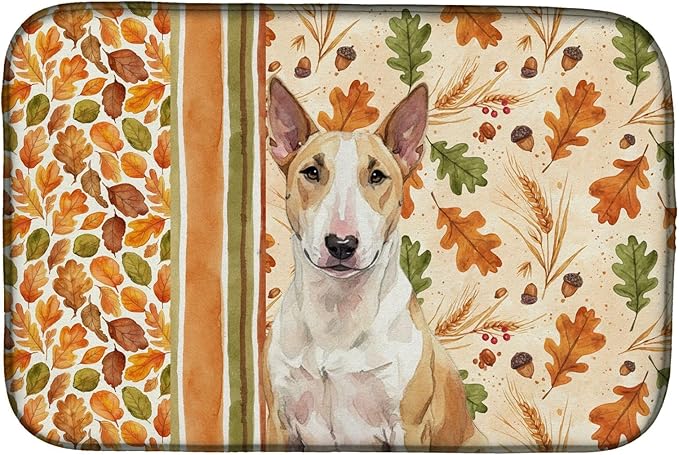 Caroline's Treasures Fawn and White Bull Terrier Heirloom Fall Dish Drying Mat Absorbent Dish Drying Mat Pad for Kitchen Counter Dish Drainer Mat for Countertop, 14 x 21", Multicolor