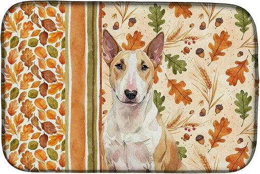 Caroline's Treasures Fawn and White Bull Terrier Heirloom Fall Dish Drying Mat Absorbent Dish Drying Mat Pad for Kitchen Counter Dish Drainer Mat for Countertop, 14 x 21", Multicolor