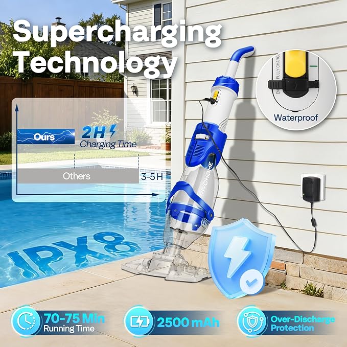 VIVOHOME 19.5GPM Handheld Pool Vacuum 75min Runtime 2.6L Filter | Powerful 40W Motor Suction Cordless Cleaner, Adjustable 8.2FT Pole for Above Ground & In-Ground Pools
