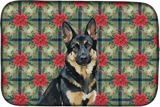 Caroline's Treasures Black and Tan German Shepherd Christmas PoinsettIas Dish Drying Mat Absorbent Dish Drying Mat Pad for Kitchen Counter Dish Drainer Mat for Countertop, 14 x 21", Multicolor