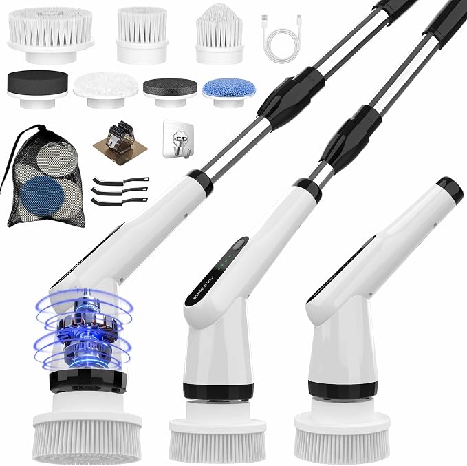 WKY-Electric Spin Scrubber - Upgraded 10-in-1 IPX7 Waterproof Shower Scrubber, Retractable Handle & 2-Speed for Toilet, Bathroom, Bathtub, Tile Floors