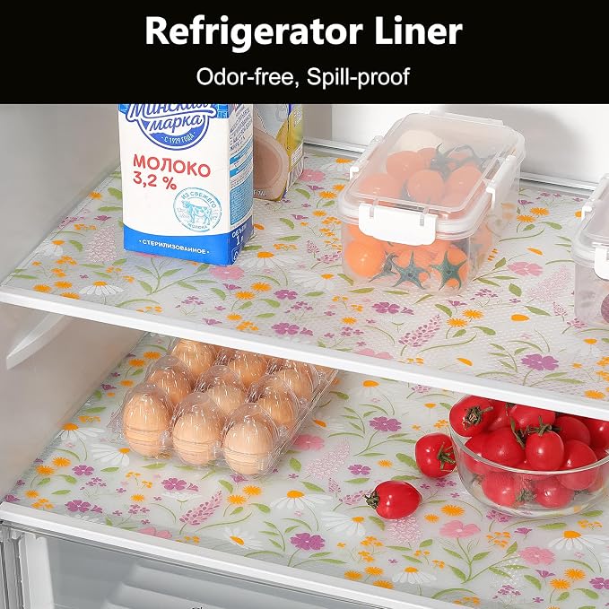 INNOLITES Shelf Liner for Kitchen Cabinets, Non-Adhesive Drawer Liner, Waterproof Washable EVA Floral Pattern, Protect Dresser Cupboard Refrigerator Shelves (Sage Wildflower, 23.6" x 360")