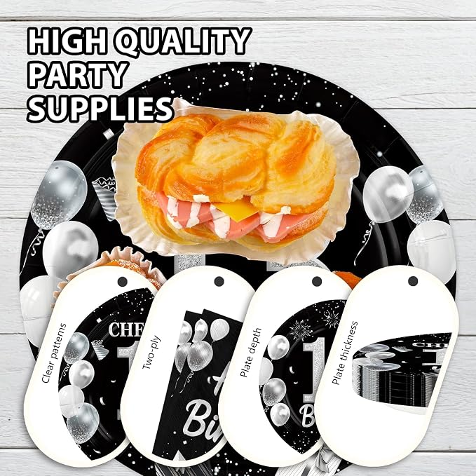 96Pcs 13th Black and Silver Birthday Party Supplies Cheers to 13 Years Plates and Napkins Disposable Happy 13th Birthday Tableware Set for 13 Years Old Graduation Party Serves 24